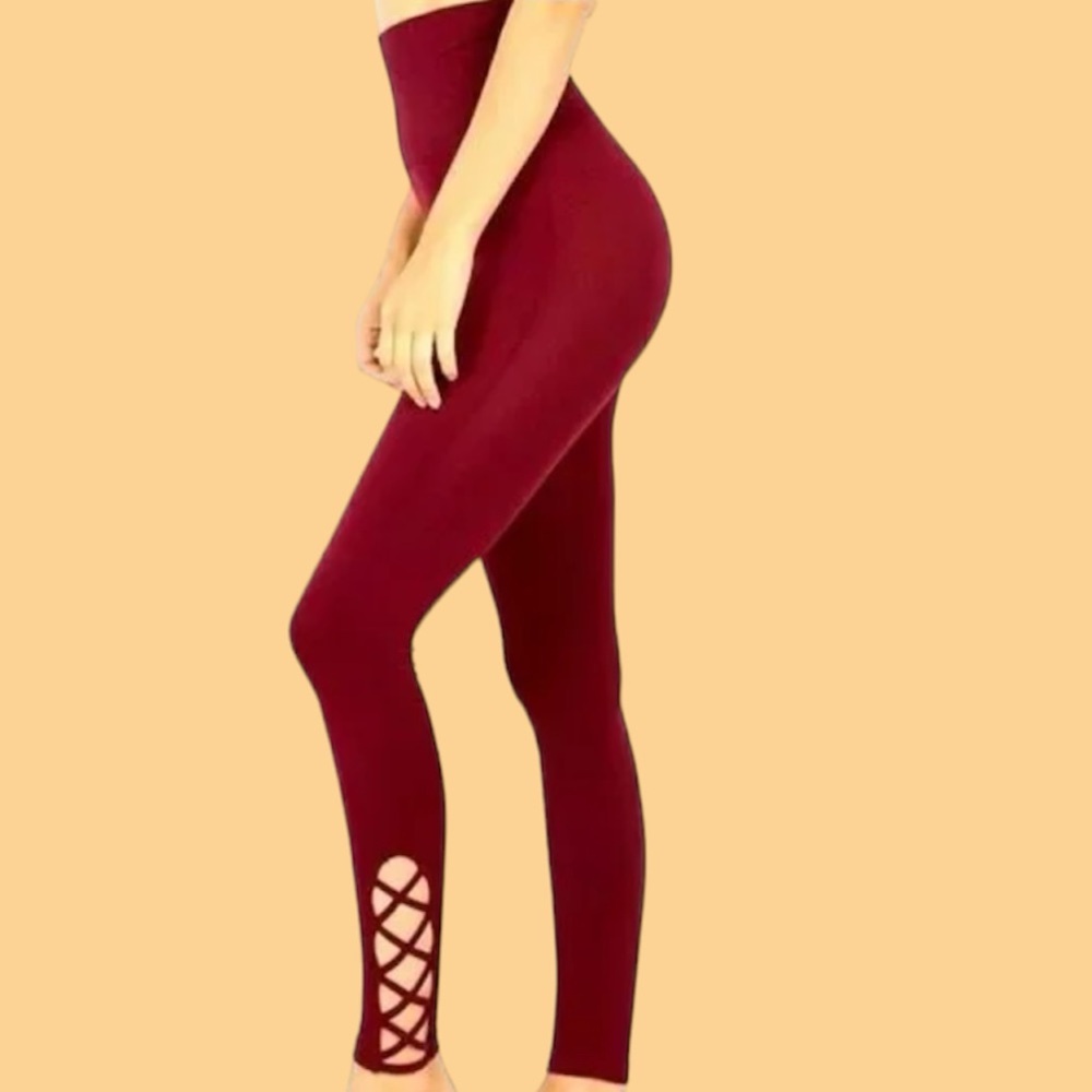 Zenana Burgundy Control Top Lattice Legging - Size S/M 2–8